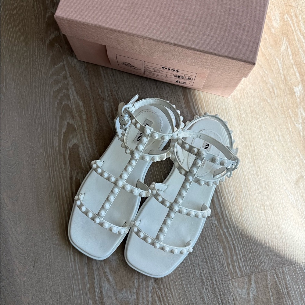 Miu Miu White Studded Leather Sandals Size 36 With Box